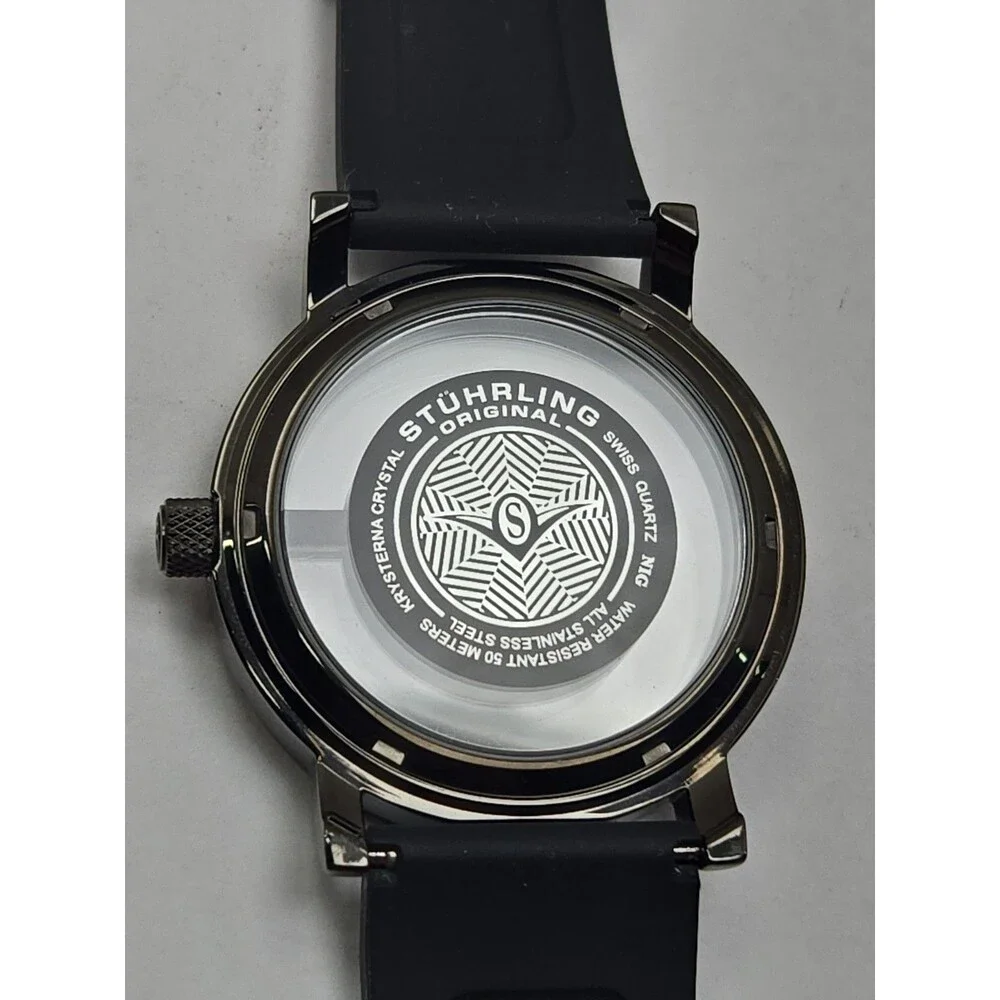 Stuhrling Original Aviator Mens Quartz Silver Dial Rubber Watch 42mm New Battery